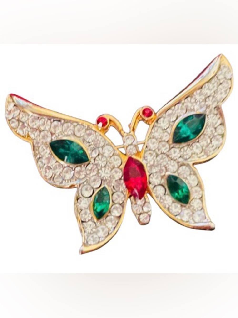 Vintage Gold Butterfly Brooch with Green and Red Accents